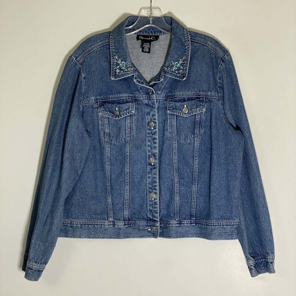Vintage Denim & Co Jean Jacket Womens Large Blue Denim Floral Embroidered Hippie